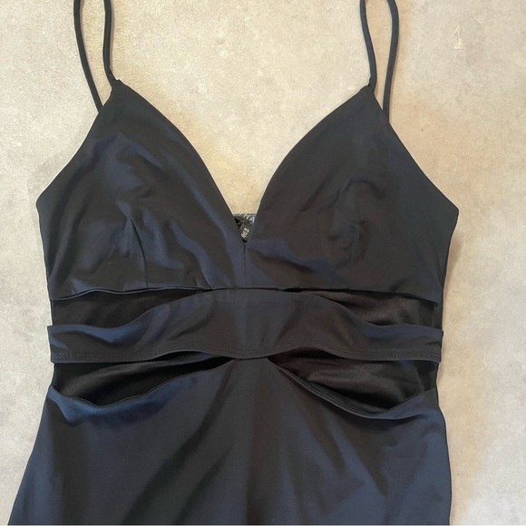 Dynamite Black Dress. Small. Long. Lined. Cut outs on the top. Stretchy. Slit. - Picture 2 of 5